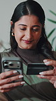 Phone, credit card or woman in home for online shopping, digital wallet or check CVV for transaction. Debit, ecommerce and mobile banking with happy person for payment, fintech or money transfer