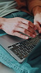 Hands, person and laptop at house for remote work, research or confirm facts for story submission. Editor, freelancer and typing in home with pc, editing grammar and latest update of article coverage