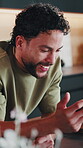 Man, happy and phone in home for social media, funny video and streaming with networking app. Male person, laugh and mobile in kitchen with viral meme, comedy platform and connectivity in house
