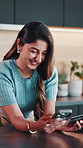 Ecommerce, credit card and woman with phone in kitchen, typing and searching for discount in house. Online shopping, scroll and happy person with mobile, purchase or digital payment with tech in home