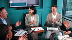 Happy, applause and business people in boardroom with success, revenue data and profit achievement. Manager, team and clapping in office with stats, charts and celebration for sales accomplishment.
