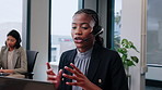 Telemarketing, headset and agent with laptop in call center for policy pitch, benefits and coverage. Consulting, woman and tech with outbound contact for insurance cover, explain terms and coworking