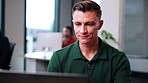 Man, realtor and smile in office with computer, viewing booking and update property listing on website. Estate agent, PC and coworking in firm with reading or auction opportunity for extra commission