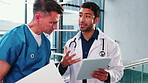 Doctor, nurse or people with tablet in hospital for medical advice, research and telehealth app. Men, technology and internet connection at clinic with discussion of results, teamwork and planning