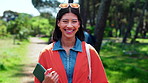 Face, woman and student at park for education, field research and ecology study for climate change. Portrait, laugh and person in nature for university excursion, sustainable learning and ESG course