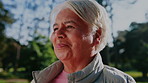Thinking, smile and old woman outdoor with breathing, daydream and nostalgia in calm mindset. Retirement, reflection and elderly person with fresh air, flashback and peaceful perspective in park.