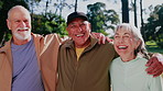 Fitness, face and senior people at park, hug and laugh together after physical activity or exercise. Outdoor, portrait and happy friends on break, bonding and rest post workout and embrace in nature