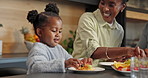 Bonding, mom or girl in home with breakfast, quality time or child growth in healthy relationship. Wellness, happy or black family with childcare, connection or morning meal for childhood development