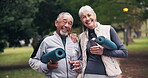 Senior, couple and face with yoga mat outdoor to start fitness, morning health or exercise ready. Water, interracial people and laughing for retirement wellness, workout and support in healthy aging