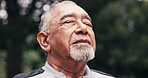 Breathing, meditation and old man in nature with fresh air, self care and thinking with positivity. Bokeh, zen and senior person exhale outdoor with mindfulness, reflection and happy for wellness.