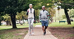 Fitness, exercise and old couple with dumbbells at park for workout, healthy lifestyle and walking. Senior man, woman and together outdoor for retirement wellness, cardio and interracial relationship