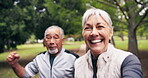 Fitness, running and old couple with selfie at park for workout, digital memory and motivation. Happy man, woman and live streaming outdoor for retirement blog, face and interracial relationship
