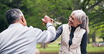 Fitness, exercise and old couple with high five at park for workout, healthy lifestyle and success. Senior man, woman and happy outdoor for retirement wellness, goals and interracial relationship