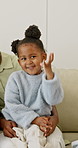 Child, counting and happy with family, home and laughing with mother or skill development in lounge. Parents, smile and kid with fine motor skills, learning and black people with daughter in house