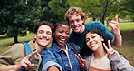Face, students and selfie in college with peace sign, bonding and memories for final academic year. Happy, people and outdoor on university campus with photography, emoji and post for social media.