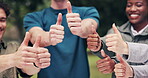 Group, hands and people with thumbs up outdoor in nature support, community and solidarity. Emoji, smile and diversity with men and women for youth, feedback and friends for vote or yes gesture