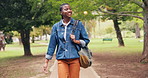 Black woman, student and walk at park for education, new semester and scholarship to study abroad. Smile, female person and journey in nature for exchange program, bursary and learning opportunity