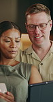 Couple, connection and talking with tablet, home and watching movies with subscription in lounge. Coffee, break and happy people with tech, interracial or streaming funny video with partner in house