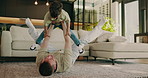 Happy, playing and dad with kid on floor for bonding, connection and relax together on weekend. Family, home and father with child for affection, flying and loving relationship in living room