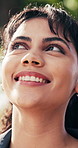 Nature, thinking and happy woman with ambition for outdoor sightseeing, reflection or daydreaming. Thoughtful, female person or wondering with smile for inspiration, mental health or wellness in park