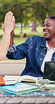 Laptop, woman or laugh on campus with high five, exam results or academic goals in study group. Support, tech and happy students at university with celebration, test pass or collective effort outdoor