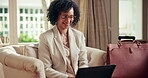 Laptop, happy and travel with business woman in hotel for conference itinerary, research and report. Corporate retreat, vip event and tradeshow hospitality with mature employee typing for update