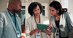 Tablet, event and team with business people at conference for vip organizer, meeting and advice. Delegate registration, digital guest sign in and seminar coordinator with employee in hotel for search