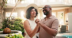 Mature couple, dancing and resort for travel, romance and playful fun for anniversary getaway. Smile, African people and holding hands at retreat with movement, rhythm and romantic partner on holiday