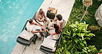 Drinks, swimming pool and couple of friends on vacation, conversation or top view with happiness. Holiday, mature people and talking outdoor with wine for relax, social gathering and summer resort