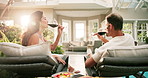 Wine, drink and happy couple in luxury spa for weekend getaway, holiday or bonding together. Man, woman or relaxing with smile, alcohol or lens flare for honeymoon vacation trip in resort or retreat