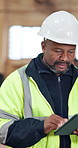 Engineer, walking and man with tablet on building site, inspection and renovation research on web. Project management, reflection and mature black person with tech, happy and property development