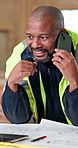 Laptop, construction and phone call with black man in woodworking workshop for lumber supply. Conversation, floor plan and tech with happy mature carpenter in carpentry factory for timber order
