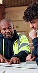 Carpenter, team and reading in workshop with document, blueprint and drawing for manufacturing. People, talking or paperwork in factory for carpentry, floor plan and collaboration for joinery project