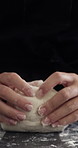 Baking, dough and hands of person in kitchen at restaurant for pizza, bread or pastry recipe. Space, flour ingredient and culinary chef kneading batter for cooking food, meal or snack in diner.