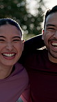 Face, people and smile outdoor for fitness, instructor and exercise support for healthy benefits. Portrait, couple of friends in nature with bokeh, sports training and morning routine for wellness