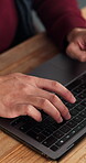 Research, keyboard and hands in office with laptop, report draft and email feedback on company pitch. Typing, man and employee with tech, project review and digital response on business proposal.

