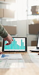 Logistics, data and people with hands for tablet screen, discussion and comparison of delivery cost. Team, meeting and ecommerce stats in office with tech, graphs and analysis of shipping expenses.