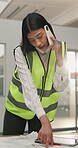 Engineer, phone call and woman with blueprint in building, communication or planning for renovation. Reading, paperwork and person with mobile, discussion or property development on construction site