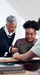 Professor, student and laptop in class with advice, essay brief or research tips for case study. Lecturer, happy people or tech at community college for group assignment, guidance or learning support