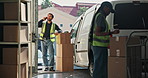 Phone call, talking and delivery man by van with boxes, shipping order and distribution at dock. Contact, cellphone and person with parcel, package or collect for supply chain, shipment and courier