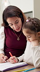 Homework, mother and girl in house with help, childcare and support with homeschool activity. Education, parent and child in kitchen with task aid, family guidance and assistance in distance learning