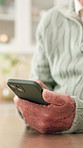 Texting, old person or hands in home with phone, online communication or notification on chat app. Contact, typing or elderly man with tech, message update or internet search on virtual platform.
