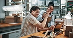 Laptop, happy team or high five in startup for logistics rate approval, export contract or fist pump. Tech, people or celebration in supply chain for customs clearance, backlog dispatch or bulk order