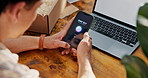 Phone, hands and man with ai for supply chain, shipping and chat bot for inventory management. Tech, office and person with digital assistant for logistics, delivery optimization and distribution