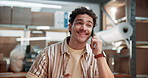 Happy, phone call and man in workshop for shipping, logistics and talking to supplier for delivery. Office, distribution and person on cellphone for contact, update and conversation for supply chain