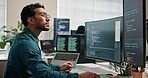 Coding, review or man in office with computer screen, system analysis or debug of website data. Digital, glasses or programmer with tech, code correction or database fix with software troubleshoot.