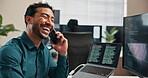 Phone call, laugh and man with laptop screen in business, project management or software development. Happy person, online and communication with contact, code and IT specialist with mobile in office