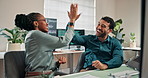 Developer, computer and high five with business people in office for ai software, team and startup. Saas programmer, client automated support and target with employees in tech agency for code success