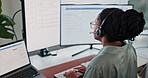Computer screen, typing and woman in call center for tech support, software troubleshooting and IT. Desktop, headset and black person in office with help, service or bug report on ticketing system
