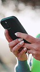 Hands, cellphone and civil engineer outdoor as construction worker for communication, flare or contact. Woman, technology and networking for contractor, project management or mobile app with internet